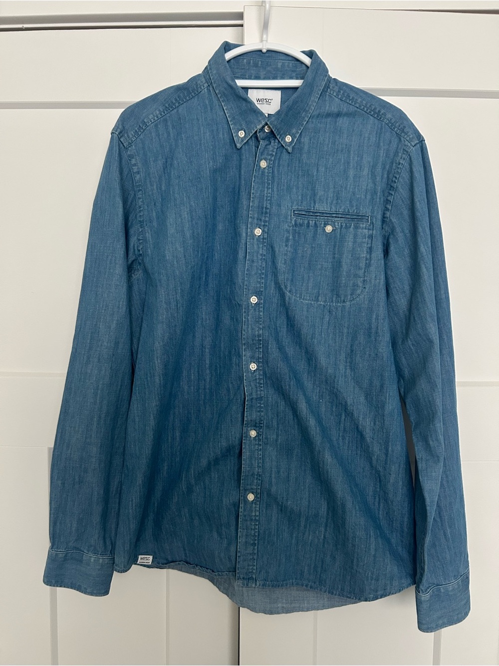 Wesc Men’s Light Blue Denim Button-Down Shirt with Chest Pocket